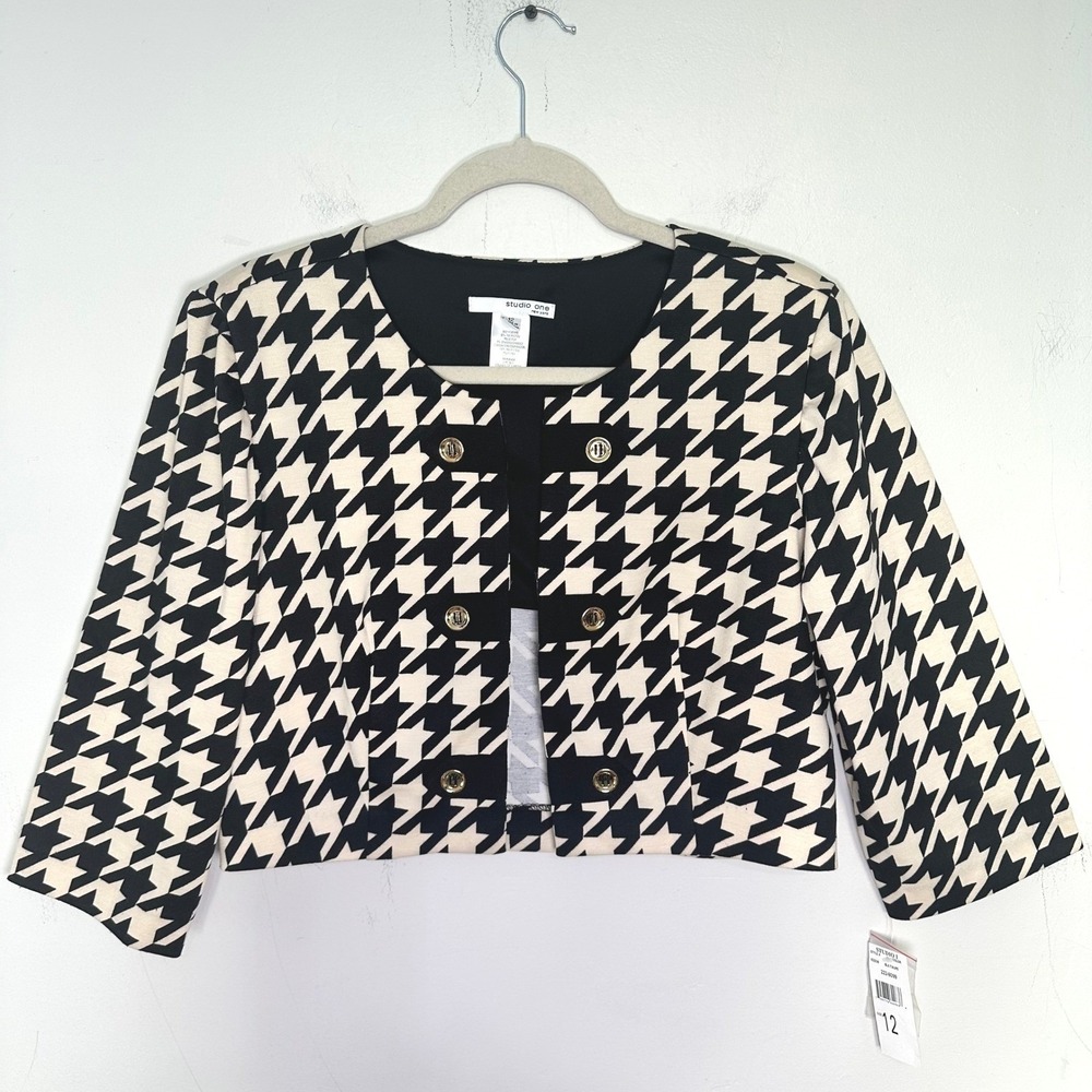 Cropped Houndstooth Jacket‎ Studio One Black Taupe Retro Mod Button Front Medium